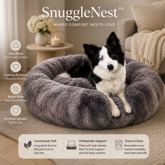 SnuggleNest™ premium calming pet bed infographic highlighting ultra plush comfort anxiety relief better sleep and machine washable design.