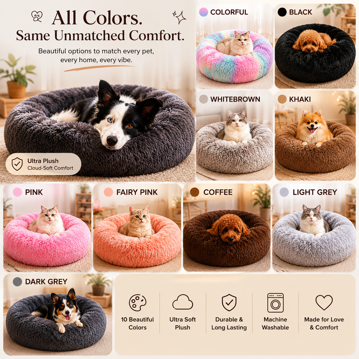 SnuggleNest™ ultra plush calming pet bed available in multiple premium color variants including black pink coffee grey and colorful styles.