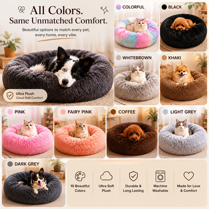 SnuggleNest™ ultra plush calming pet bed available in multiple premium color variants including black pink coffee grey and colorful styles.