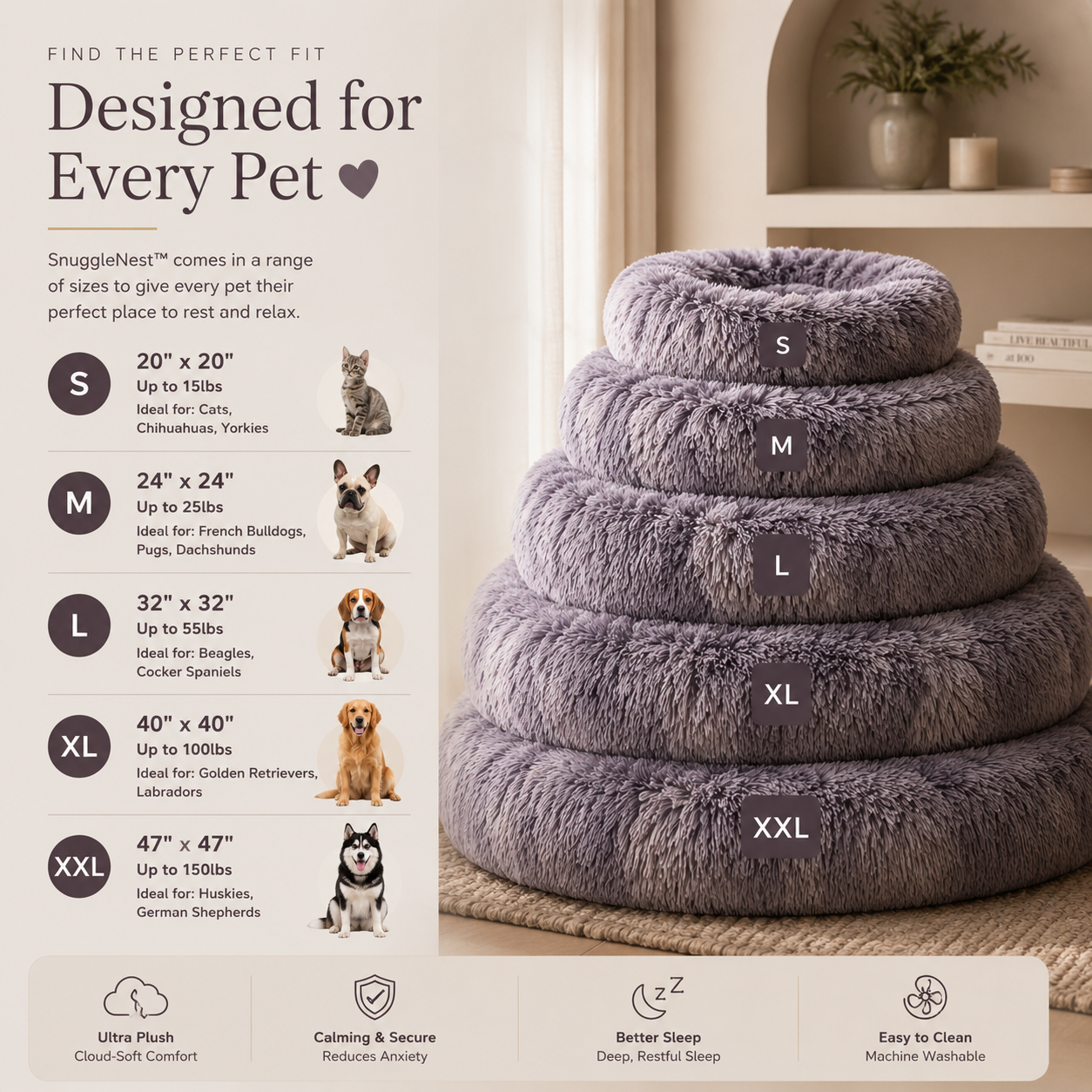 SnuggleNest™ calming pet bed premium size guide showing plush donut bed sizes for small medium large and extra large dogs and cats.