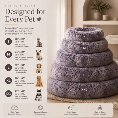SnuggleNest™ calming pet bed premium size guide showing plush donut bed sizes for small medium large and extra large dogs and cats.
