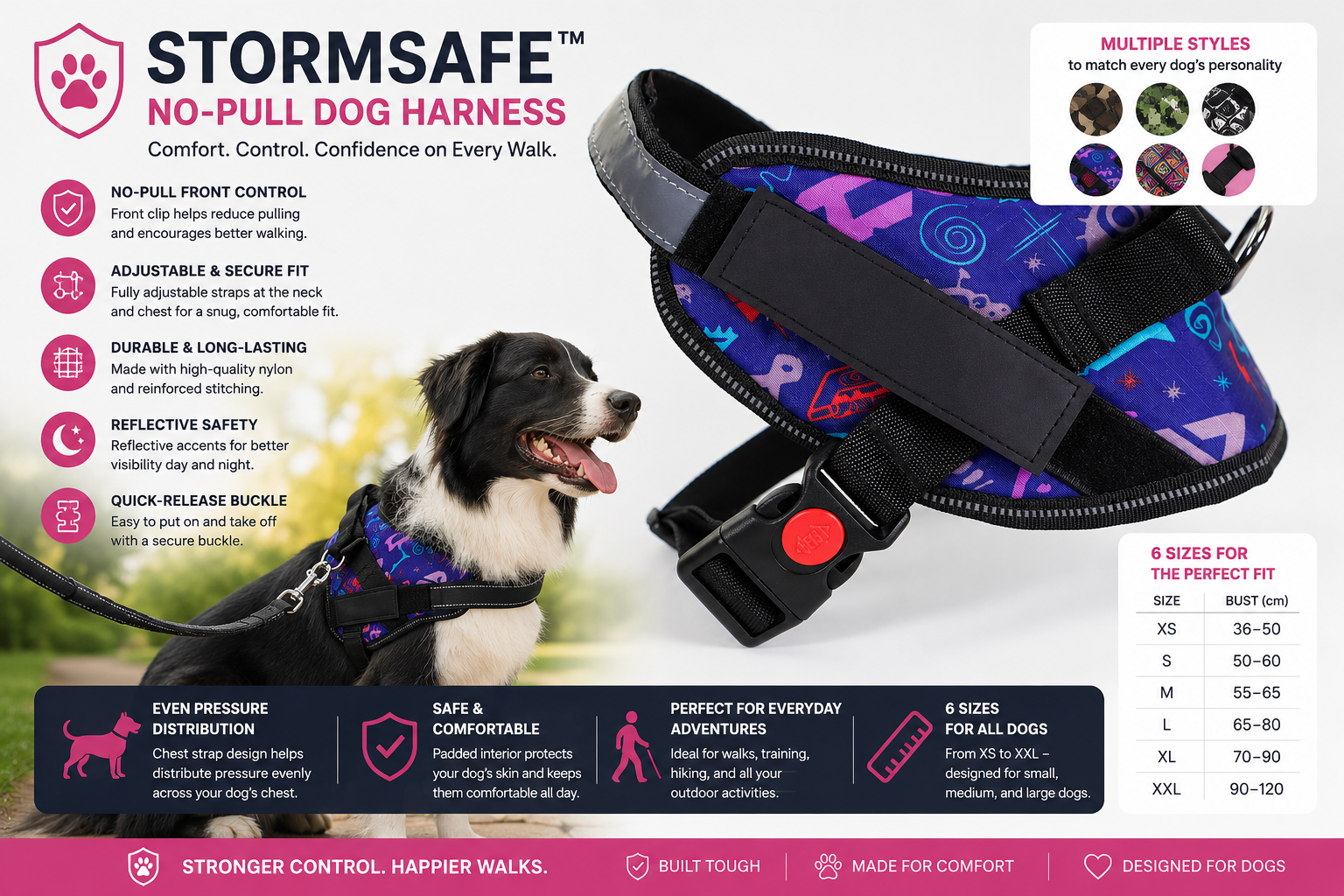 Storm Safe TM dog harness product features infographic page highlighting safety design elements