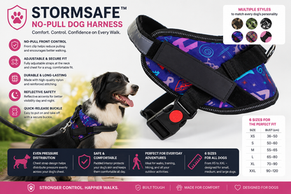 Storm Safe TM dog harness product features infographic page highlighting safety design elements