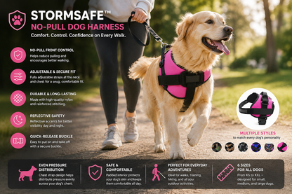 Storm Safe TM dog harness product features infographic page highlighting safety design elements