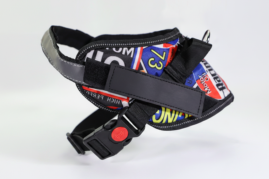 Storm Safe TM no pull dog harness in a vibrant racing stripe active print pattern