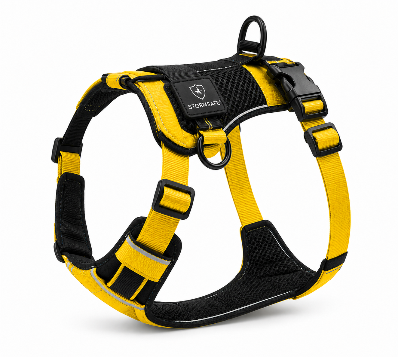 Yellow reflective no-pull dog harness with adjustable padded design for safer outdoor walks.
